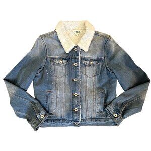Women Sherpa Lined Trucker Jean Jacket L Faux Fur Fleece Distressed 90s Y2K